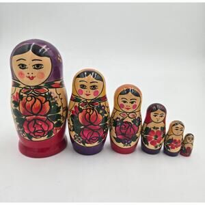 Vintage Russian Matryoshka Nesting Dolls 6-Piece Hand-Painted Floral Wooden Set